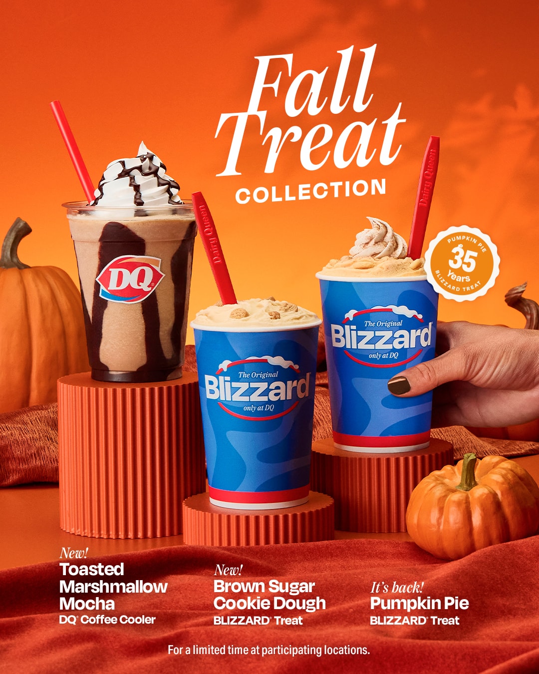 DQ Fall Treat Collection featuring Brown Sugar Cookie Dough Blizzard, Toasted Marshmallow Mocha DQ Coffee Cooler, and Pumpkin Pie Blizzard